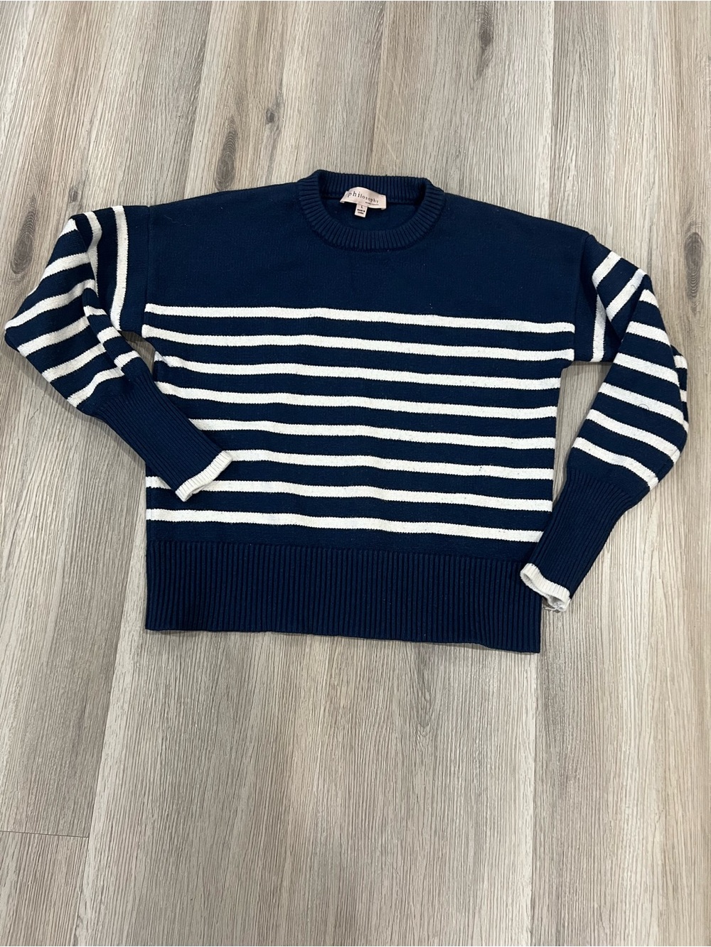 Philosophy Navy and White Striped Crewneck Sweater